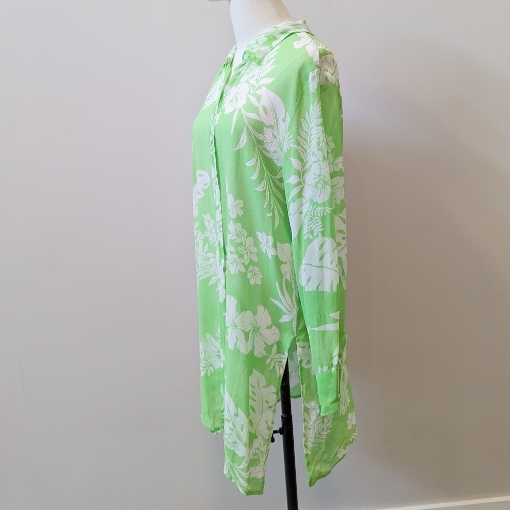 Vintage Tropical Floral Button-Up Sheer Silk Tunic Swim Cover - Picture 2 of 12
